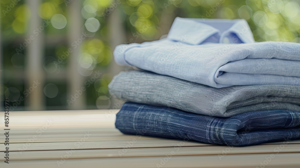 A Stack of Linen Shirts on a Wooden Table A Stack of Linen Shirts on a Wooden Table