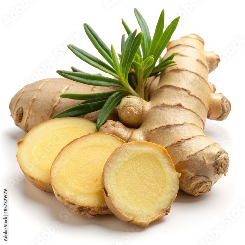 Fresh Ginger Root and Slices With Green Leaves on White Background. Generative AI photo