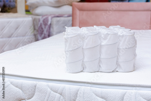 Wallpaper Mural Independent spring blocks packed in spunbond. on mattress. Bonding layers of springs. Furniture and mattress manufacture. Industrial concept. The concept of filling a mattress. Torontodigital.ca