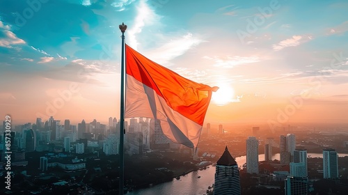 Indonesian flag waving over city skyline during sunset photo