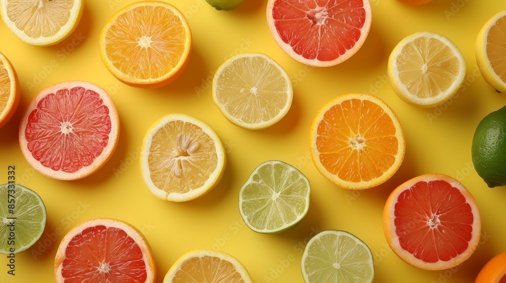 Sliced citrus fruits on a yellow background. Fresh and vibrant citrus pattern concept Sliced citrus fruits on a yellow background. Fresh and vibrant citrus pattern concept