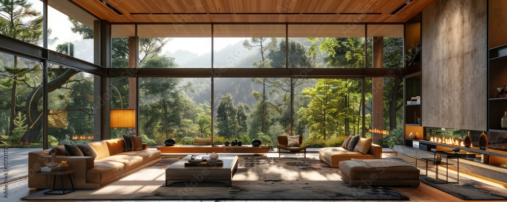Contemporary cabin with floor-to-ceiling windows. Contemporary cabin with floor-to-ceiling windows.
