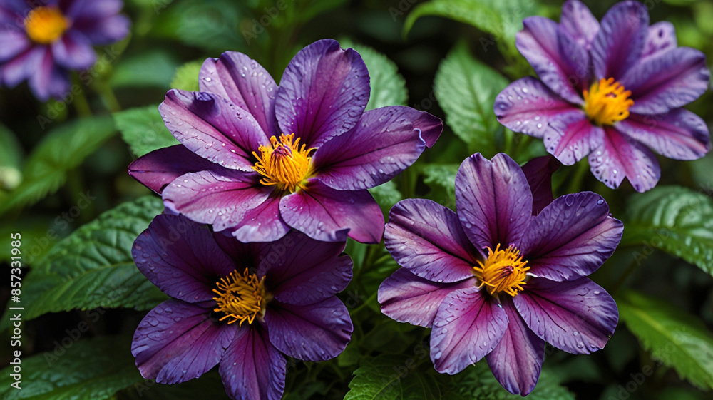 Obraz premium In a lush, picturesque garden, vibrant purple color flowers stand out against the green foliage.