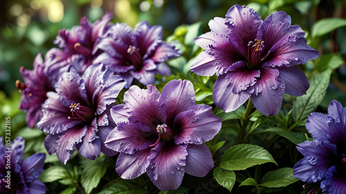 Vibrant purple color flowers stand out against the green foliage. #857332185