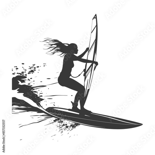 Windsurfer Silhouette: Woman Riding the Wave with Grunge Spray.
