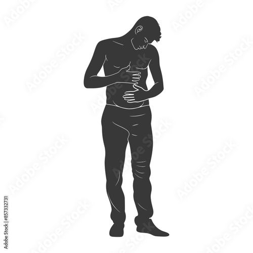 Silhouette of shirtless man with stomach pain, hands on abdomen, isolated.