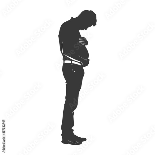 Silhouette of Man Touching Stomach, Worried Health Concerns, Isolated.