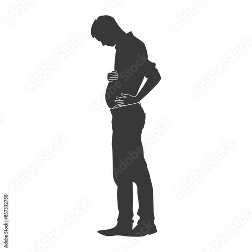 Silhouette of a man with a bloated stomach, hand on abdomen.