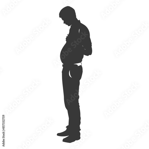 Silhouette of a contemplative man standing with hands clasped behind back, head bowed.