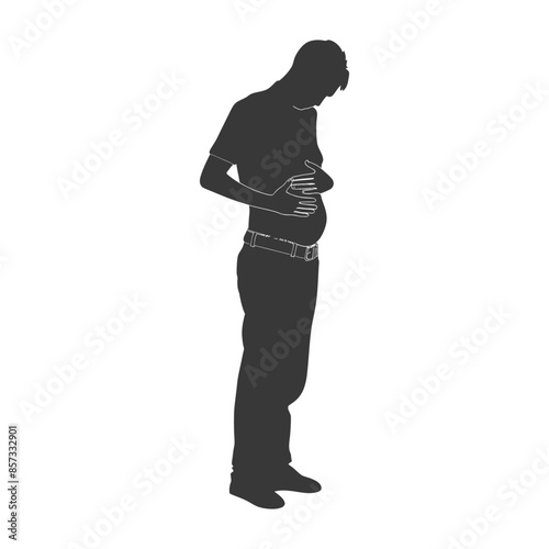 Silhouette of Man Holding Stomach in Discomfort or Pain, Against White Background.