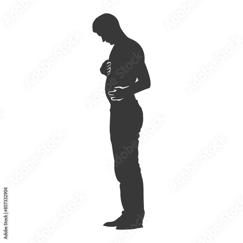 Silhouette of a Shirtless Man Holding Stomach, Concerned About Weight, Body Image Issues.