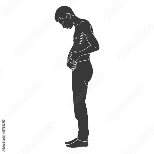Gaunt silhouette: A thin man clutches his stomach, head bowed, monochrome distress.