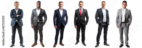 Bundle Set of Young to Middle-aged to Senior businessman, wearing a suit and matching shoes. full body portrait Isolated transparent background