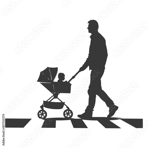 Silhouette of Father Pushing Stroller Across Zebra Crossing.