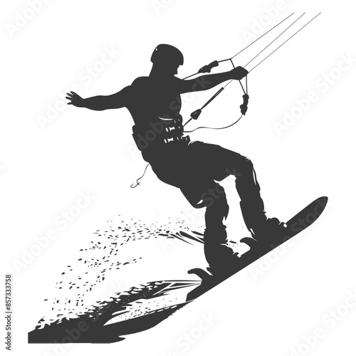 Kitesurfing Silhouette: Boarder Carving Water, Extreme Sport Vector.