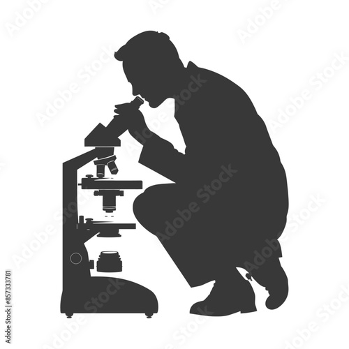 Squatting Scientist Silhouette Examining Microscope, Laboratory Research.