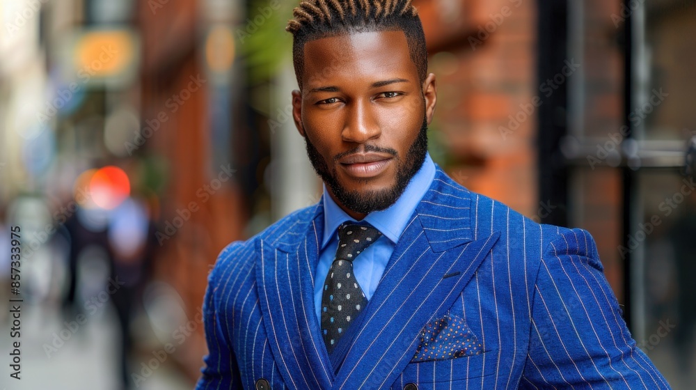Obraz premium A man in a blue pinstripe suit walks down a city street