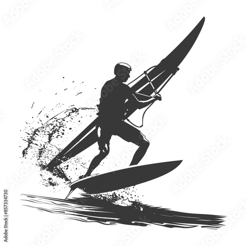 silhouette man windsurfing athlete in action full body black color only