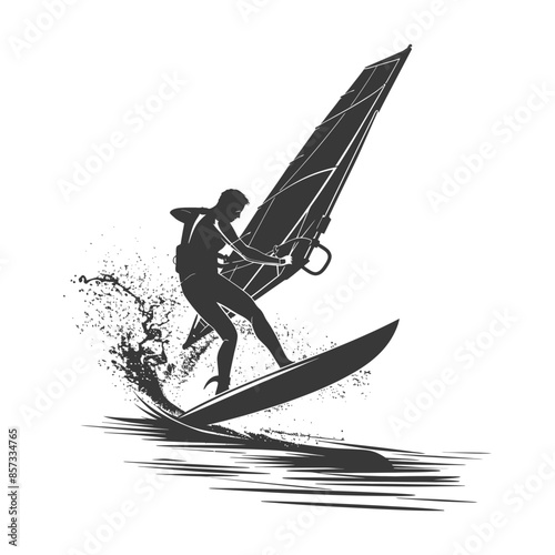 silhouette man windsurfing athlete in action full body black color only