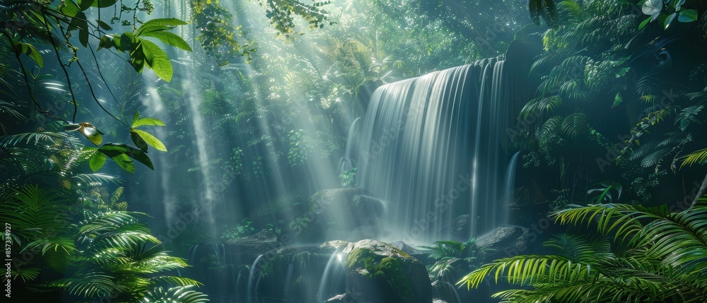 Lush rainforest with dense foliage, a cascading waterfall, and beams of sunlight filtering through the canopy, creating a vibrant and alive scene Lush rainforest with dense foliage, a cascading waterfall, and beams of sunlight filtering through the canopy, creating a vibrant and alive scene