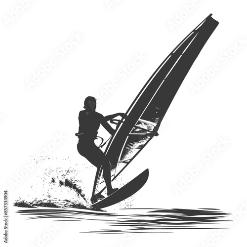 silhouette man windsurfing athlete in action full body black color only