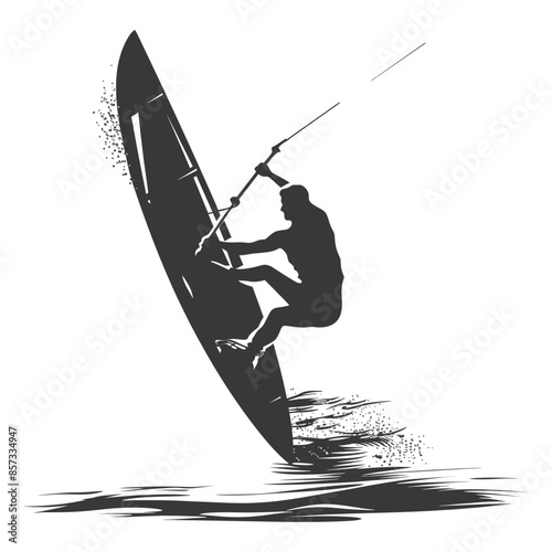 silhouette man windsurfing athlete in action full body black color only