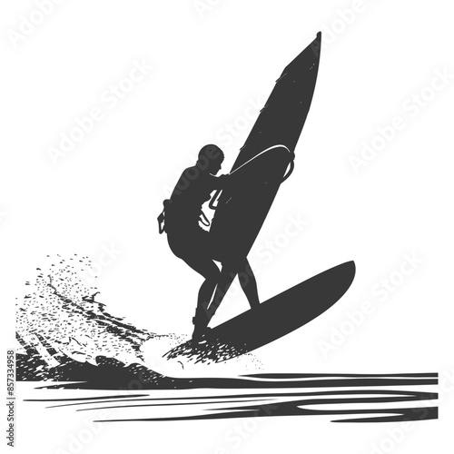silhouette man windsurfing athlete in action full body black color only