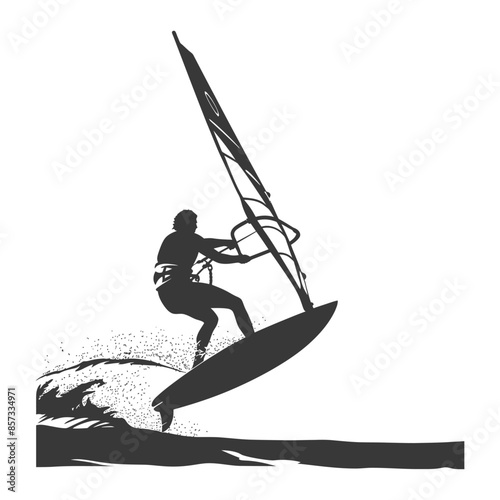 silhouette man windsurfing athlete in action full body black color only