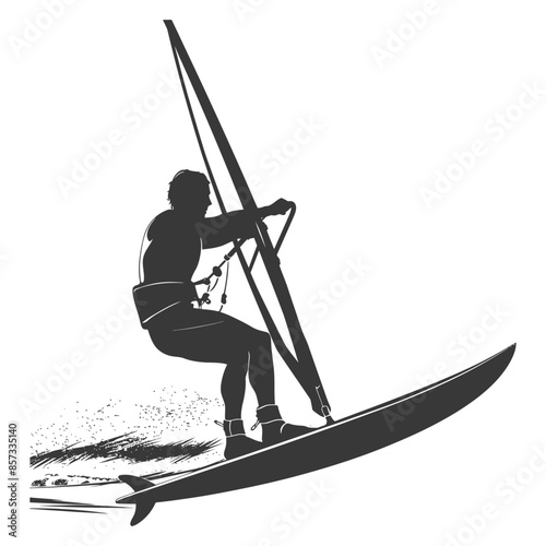 silhouette man windsurfing athlete in action full body black color only