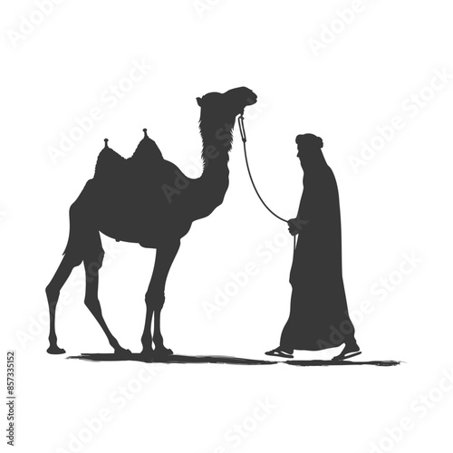 silhouette of muslim man walks leading a tied camel black color only