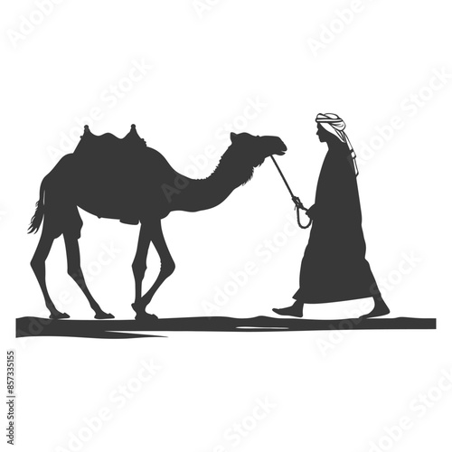 silhouette of muslim man walks leading a tied camel black color only