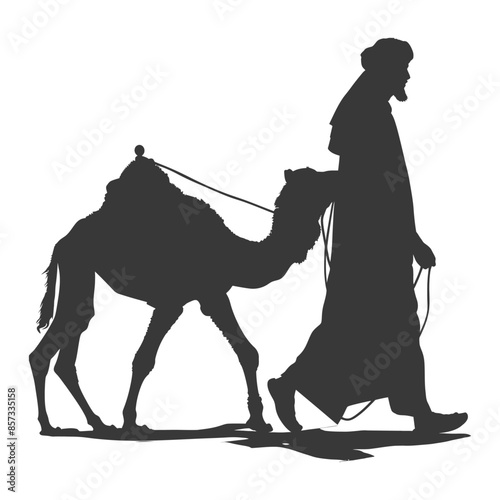 silhouette of muslim man walks leading a tied camel black color only