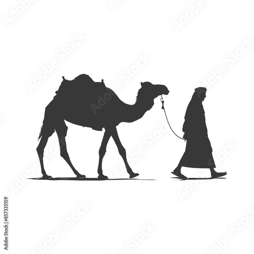 silhouette of muslim man walks leading a tied camel black color only