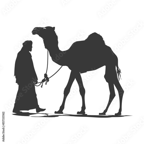 silhouette of muslim man walks leading a tied camel black color only