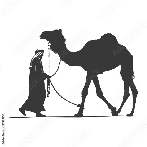 silhouette of muslim man walks leading a tied camel black color only