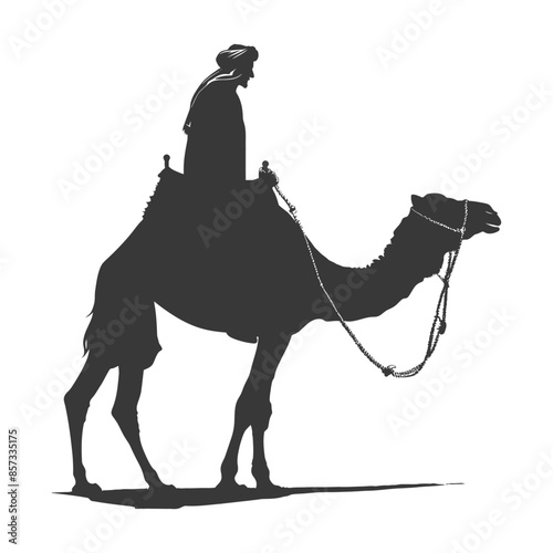silhouette of muslim man walks leading a tied camel black color only