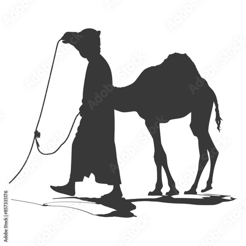silhouette of muslim man walks leading a tied camel black color only
