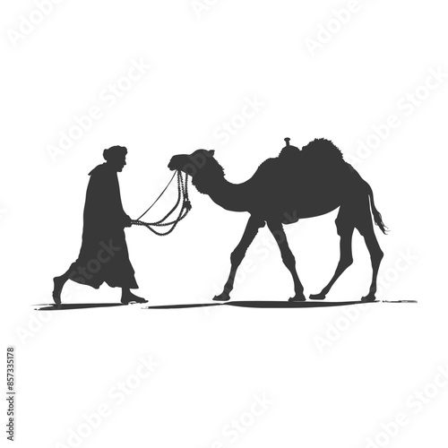 silhouette of muslim man walks leading a tied camel black color only