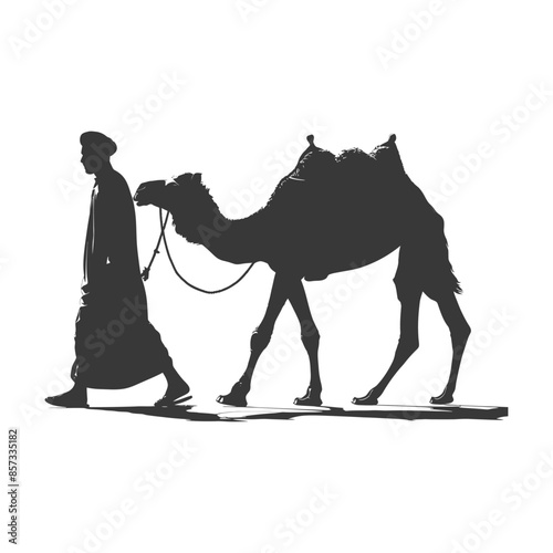 silhouette of muslim man walks leading a tied camel black color only