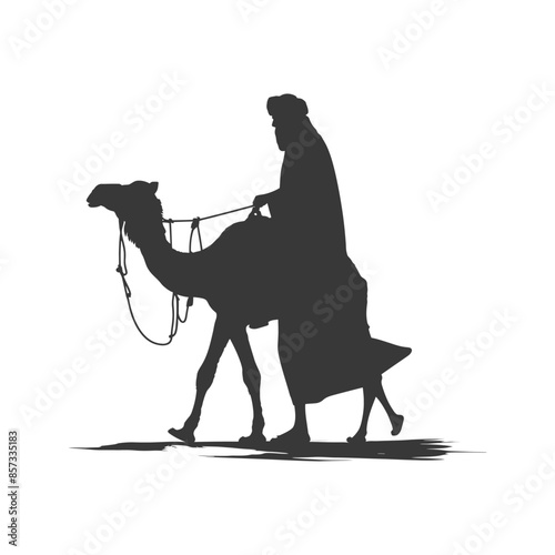 silhouette of muslim man walks leading a tied camel black color only