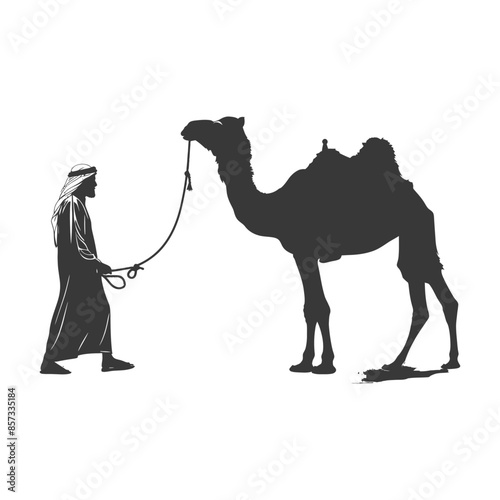 silhouette of muslim man walks leading a tied camel black color only