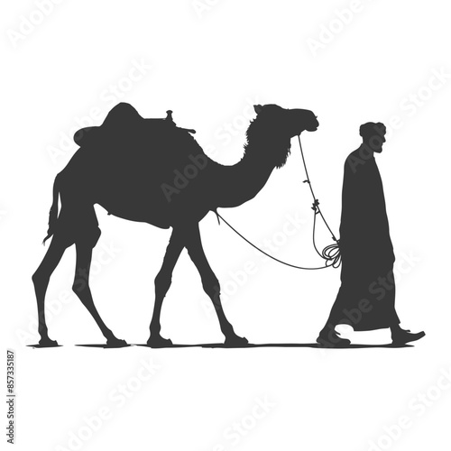 silhouette of muslim man walks leading a tied camel black color only