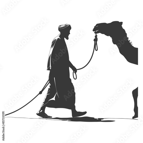 Silhouette of Bedouin leading camel on white background, Arabian desert scene.