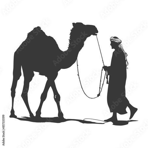 Camel Trek: Silhouette of Bedouin and Camel in Monochrome, Desert Journey.