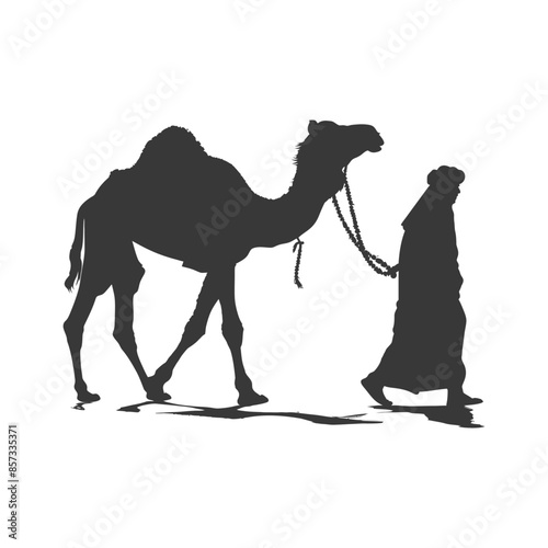 Silhouette: Arab Man Leading Camel Across Desert Landscape