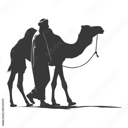 Camel Caravan Silhouette: Bedouin Guide Leading Journey Through Desert.