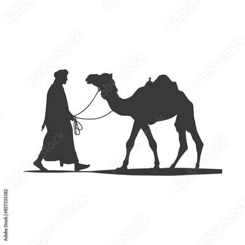 Silhouette of Arab Man Leading Camel: Desert Journey Vector Illustration