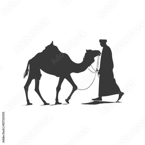 silhouette of muslim man walks leading a tied camel black color only