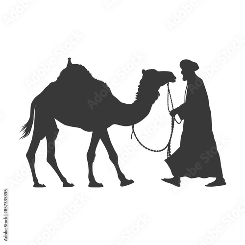 silhouette of muslim man walks leading a tied camel black color only