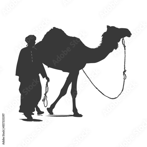 silhouette of muslim man walks leading a tied camel black color only
